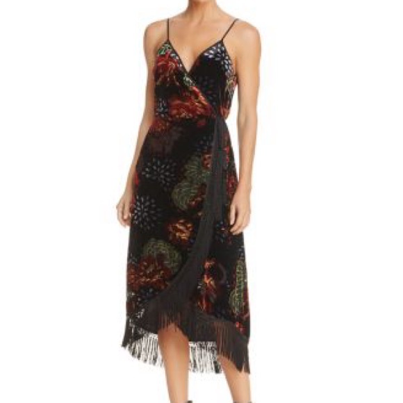 Dresses & Skirts - Vintage Retro Bohemian Velvet Burnout Black Floral Fringed Wrap Dress S